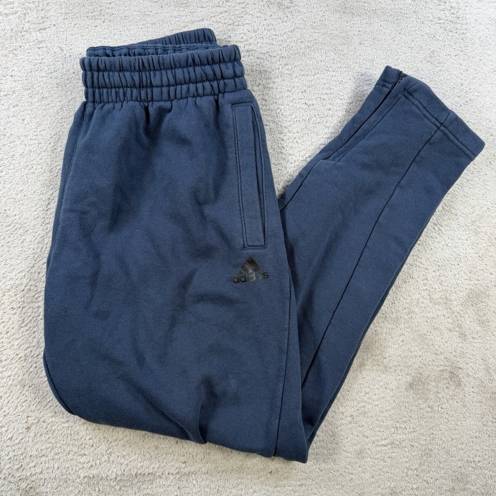 Adidas Sweatpants Men Medium Navy Fleece Drawstring Zip Ankle Joggers Gym Active